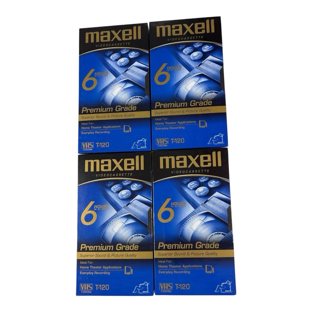 Lot of 4 Maxell VHS Tapes Premium Grade T-120 Blank 6 Hour Video Factory Sealed